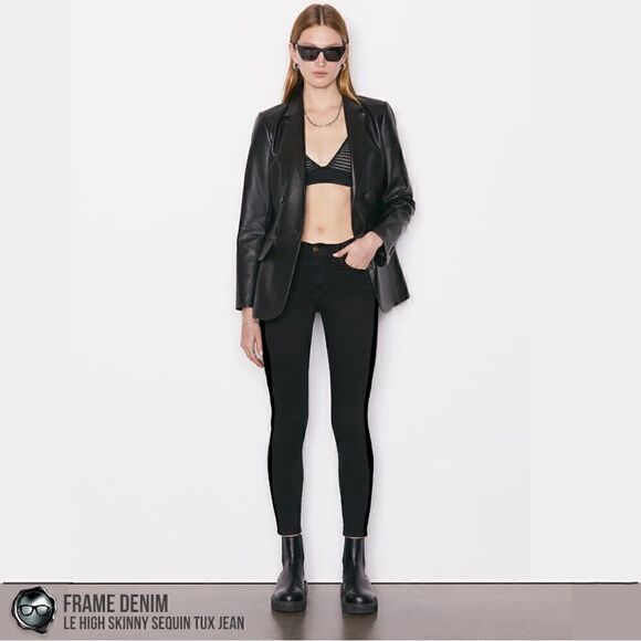 FRAME DENIM LE HIGH SKINNY SEQUIN TUX STRIPE JEAN NOIR BLACK WOMEN’S SIZE 27 NWT - Picture 6 of 16